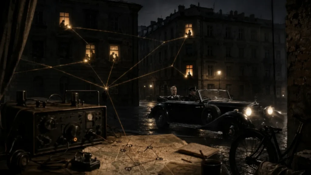 Operace Anthropoid jako síť důvěry v okupované Praze, stíny lidí, mapa města a přerušená linie po zradě Karla Čurdy