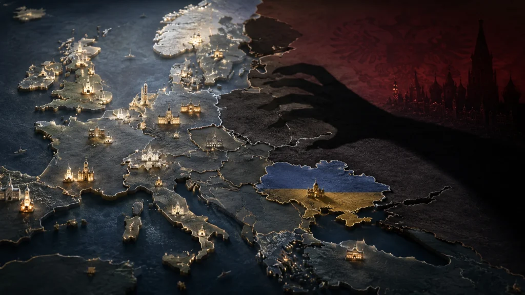 Ruský imperialismus jako stín nad mapou východní Evropy a rozsvícená města za hranicí NATO