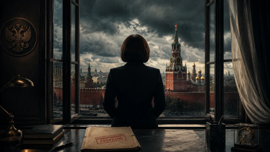 Ruské okno jako temná ilustrační metafora Kremlu, moci a strachu v Putinově Rusku.
