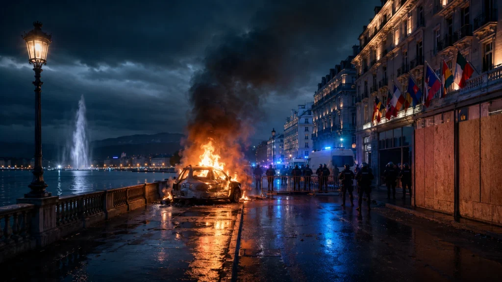 Protesty proti G7 v Ženevě, zabedněné výlohy a odraz hořícího auta jako obraz napětí mezi elitami a ulicí