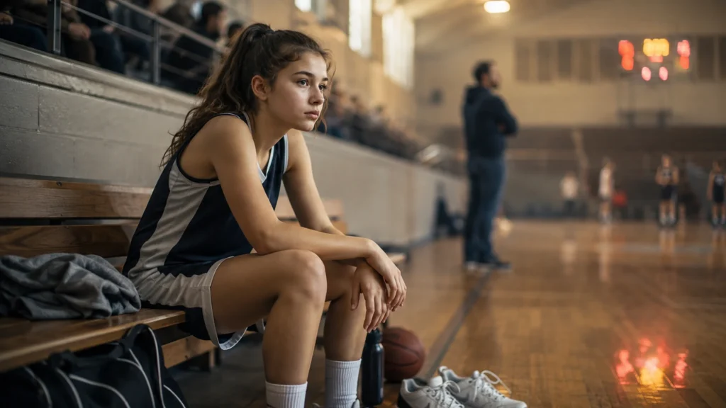 Sportovní tlak na děti jako dospívající sportovec sedící v tiché hale po tréninku s batohem, míčem a prázdnými tribunami.