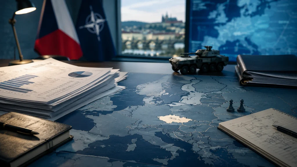 Symbolická magazínová vizualizace českého obranného rozpočtu, dokumentů NATO a vojenské mapy jako metafory sporu o výdaje na obranu Česka.